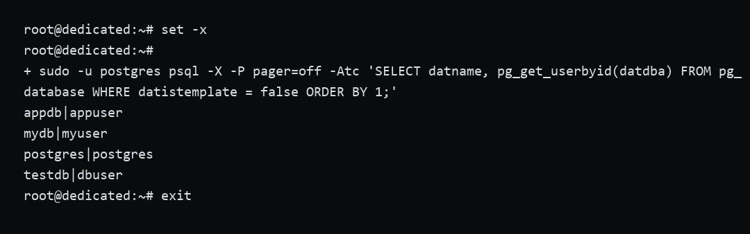 Команда psql PostgreSQL показывает названия баз и владельцев