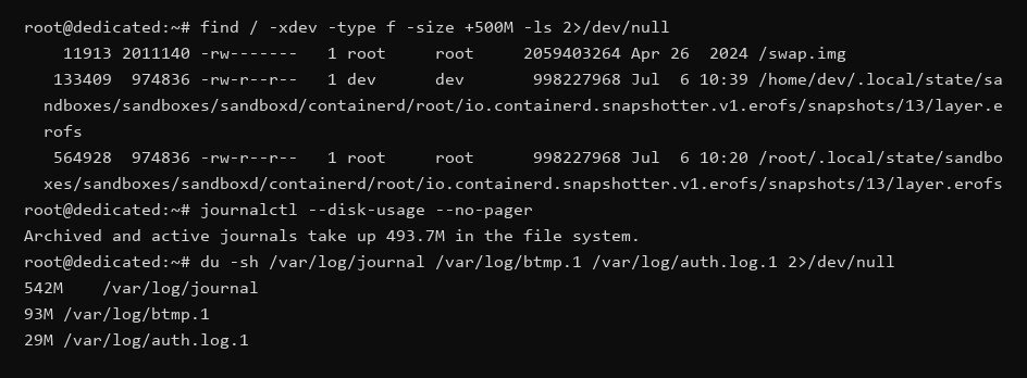 find / -xdev -type f -printf '%s %p\n' 2>/dev/null | sort -n | tail -20