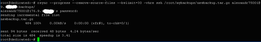 $ rsync --progress --remove-source-files --bwlimit=30 -vhre ssh /root/mybackups/newbackup.tar.gz alexandr75001@176.9.1*.***:backups/