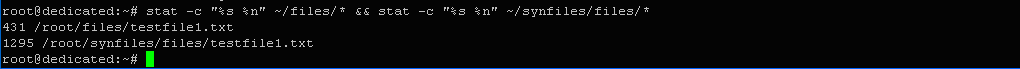 $ stat -c "%s %n" ~/files/* && stat -c "%s %n" ~/synfiles/files/*