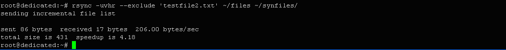$ rsync -uvhr --exclude 'testfile2.txt' ~/files ~/synfiles/