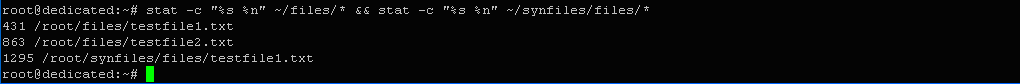$ stat -c "%s %n" ~/files/* && stat -c "%s %n" ~/synfiles/files/*