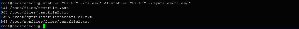$ stat -c "%s %n" ~/files/* && stat -c "%s %n" ~/synfiles/files/*