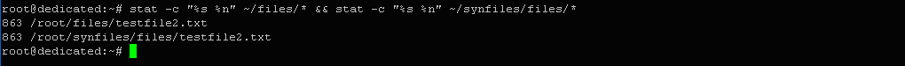 $ stat -c "%s %n" ~/files/* && stat -c "%s %n" ~/synfiles/files/*