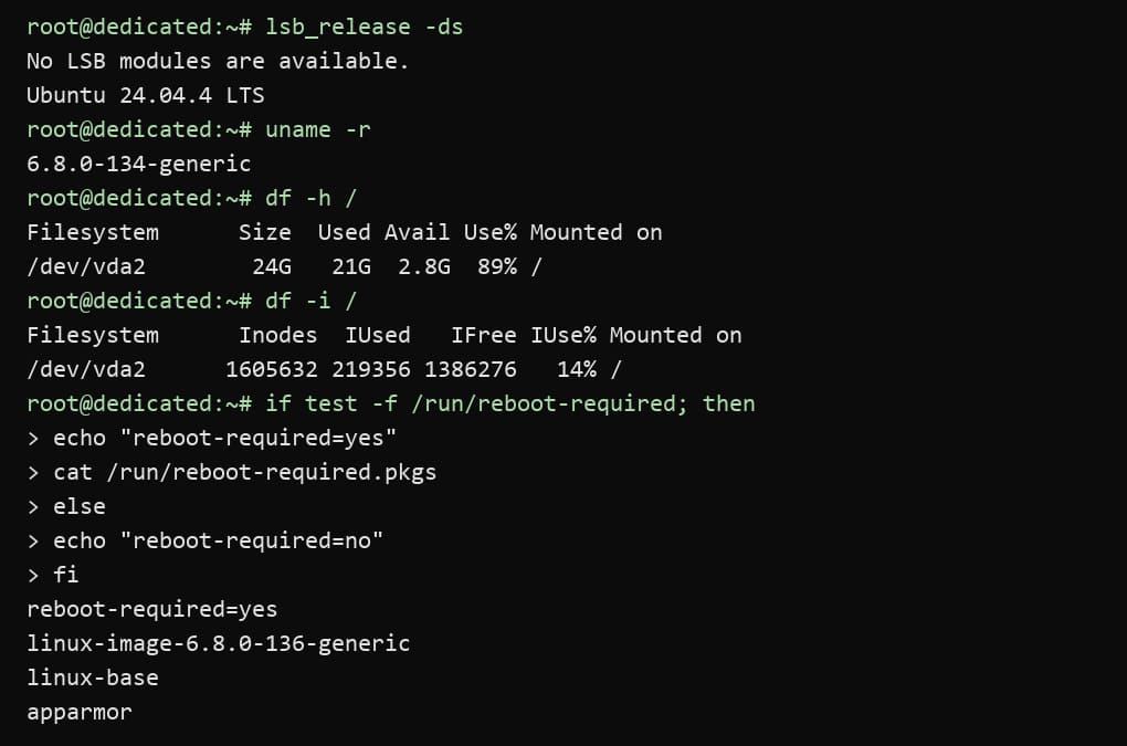 SSH-��������: Ubuntu 24.04.4 LTS, �������� ����, df -h, df -i � ��������� reboot-required
