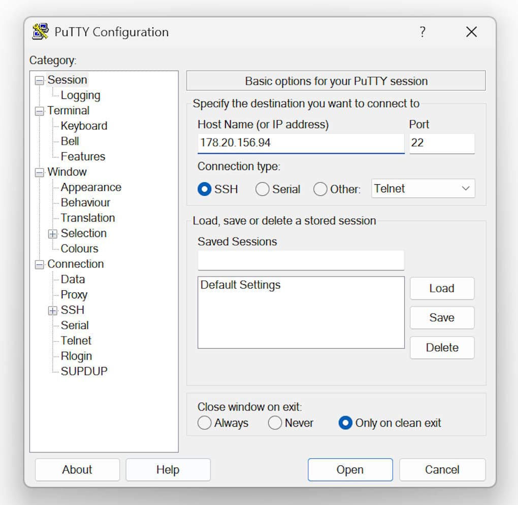 Зручніше використовувати PuTTY – введіть IP-адресу в поле Host Name, порт 22, тип SSH